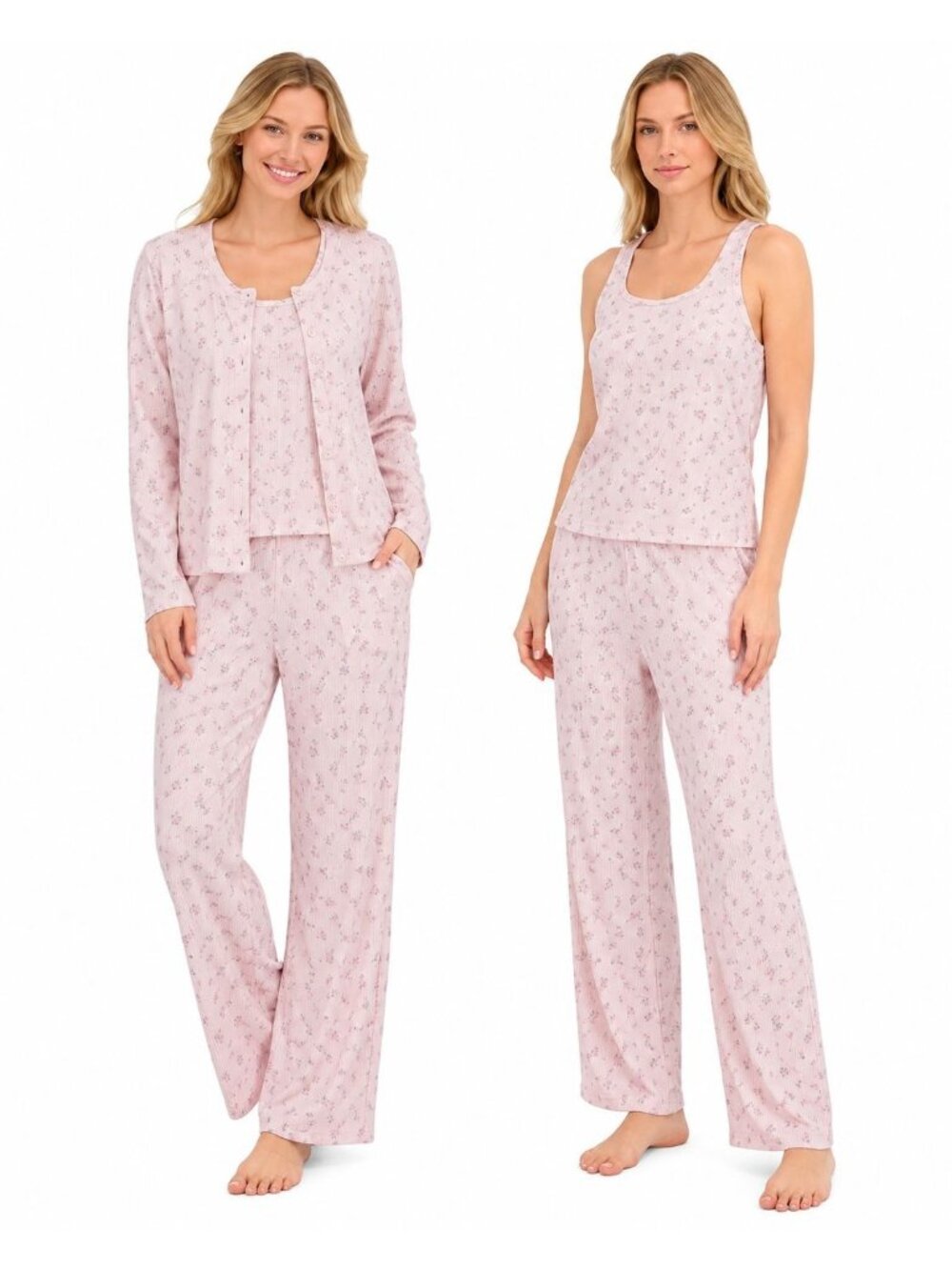 Live 2 Lounge 3-Piece Ribbed Cardigan Tank & Pant Set Pink Floral Print Size M